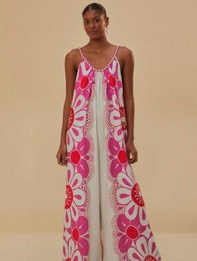 Farm Rio | Maia Rope Trim Cotton Jumpsuit Pink White Floral Size Medium